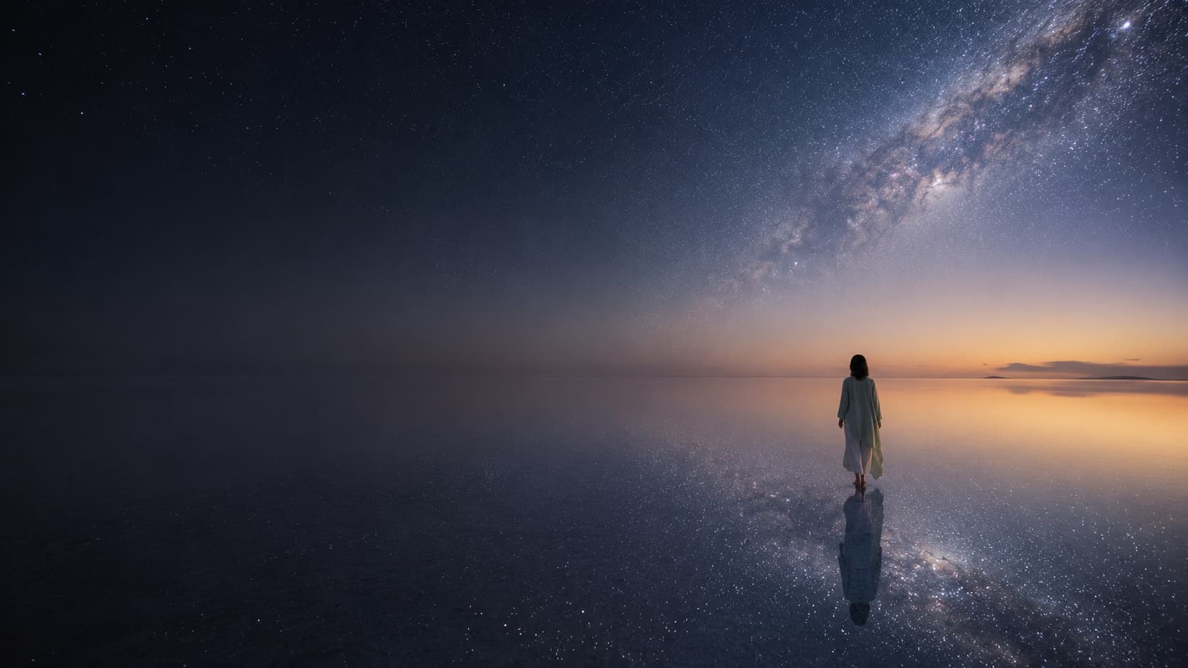 Una persona de pie sobre agua quieta que refleja el cielo estrellado.