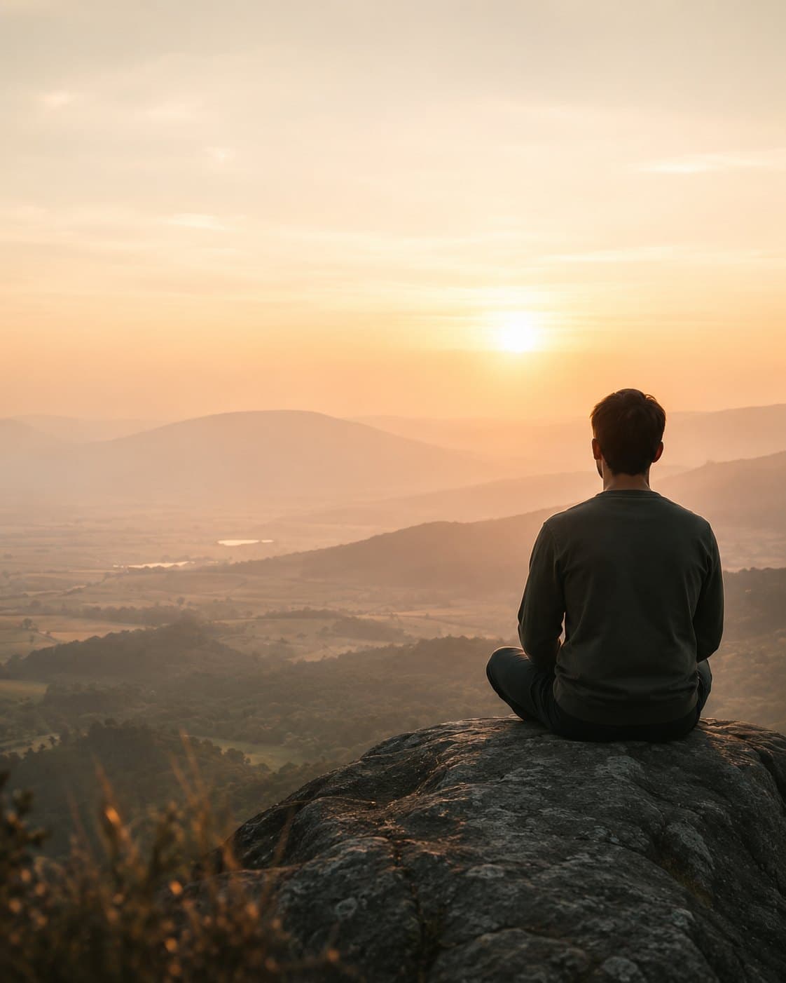 Un hombre sentado en una roca, de espaldas, mirando el amanecer sobre un valle.